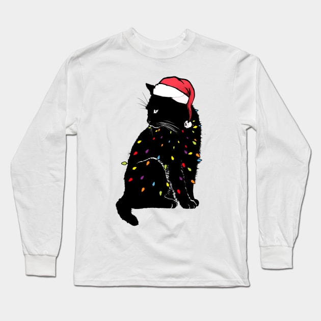 Black Cat christmas light tshirt funny cat lover christmas Long Sleeve T-Shirt by Ghani Store